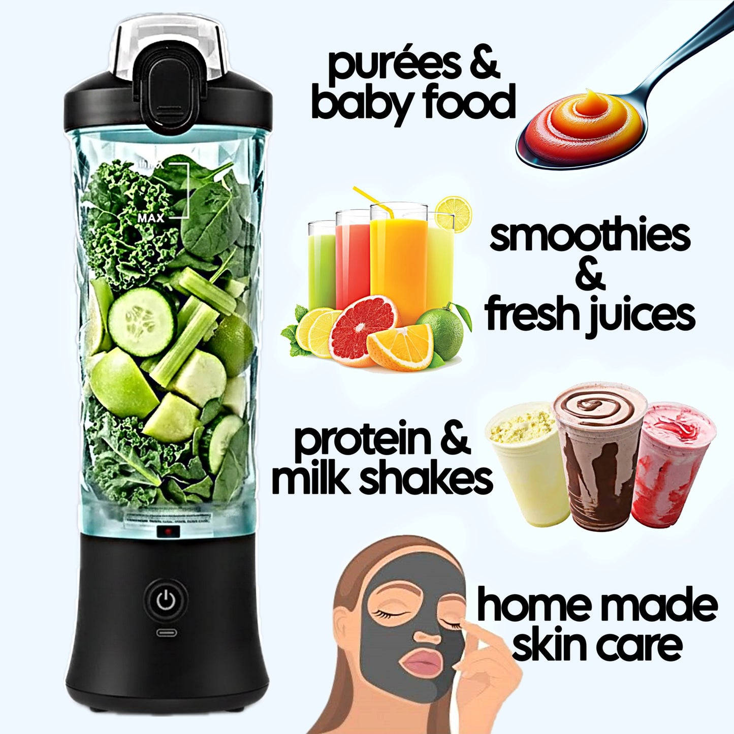 Portable Smoothie Blender Cup | Best Personal Rechargeable USB Juicer Bottle